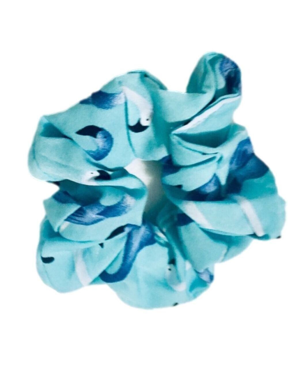 Chiffon Teal Hair Scrunchie with Blue and White Birds